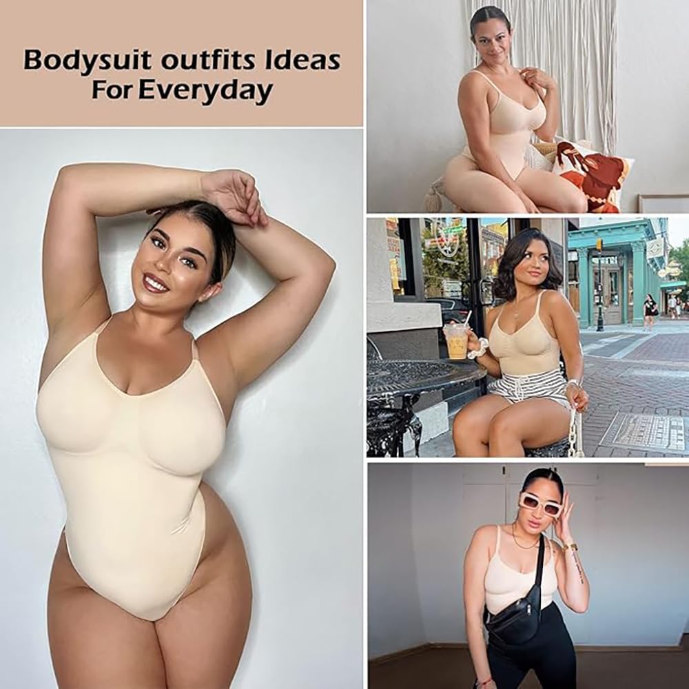 Four customer photos from our listing of the NULAYER Beige thong bodysuit, worn on its own and as a top with shorts and black trousers