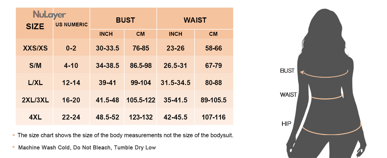 NULAYER size chart: XXS/XS to 4XL with bust and waist in inches and centimetres