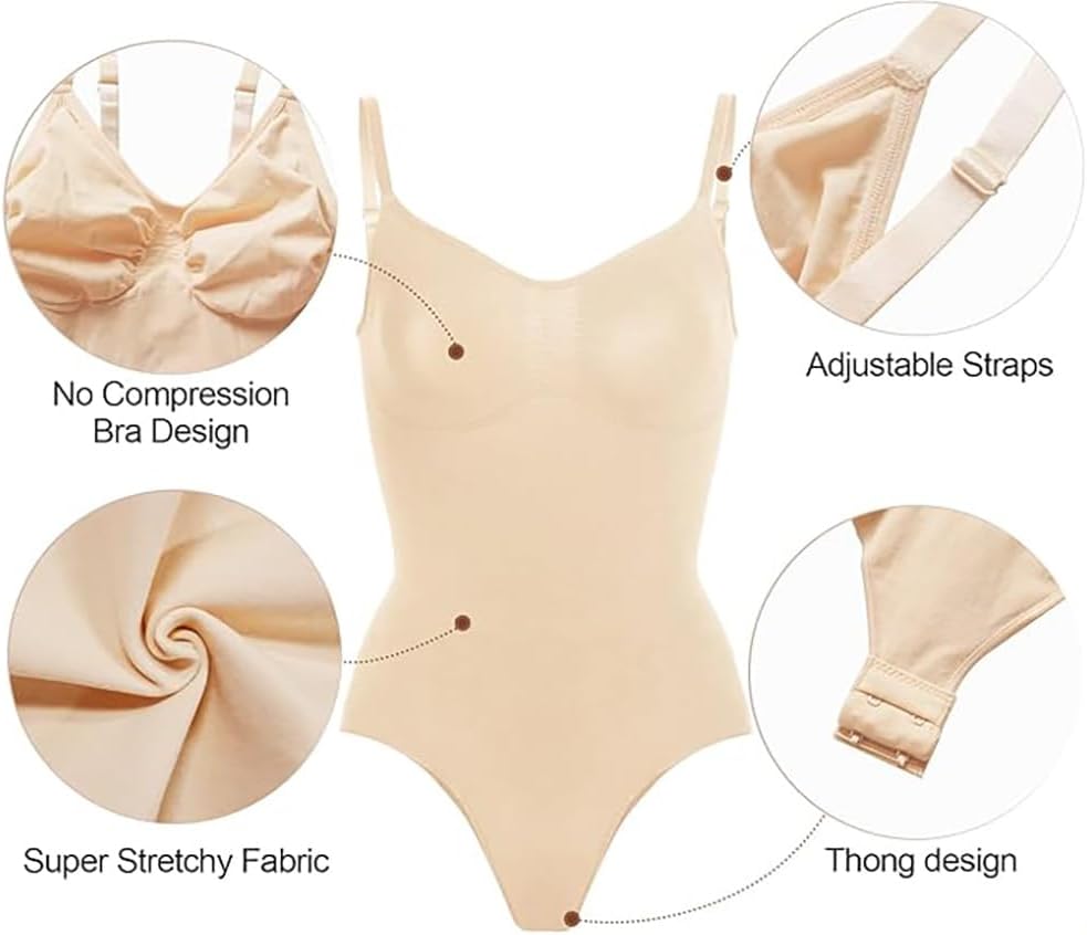 NULAYER thong bodysuit in Beige with callouts: no-compression bra, adjustable straps, stretch fabric, hook-and-eye closure